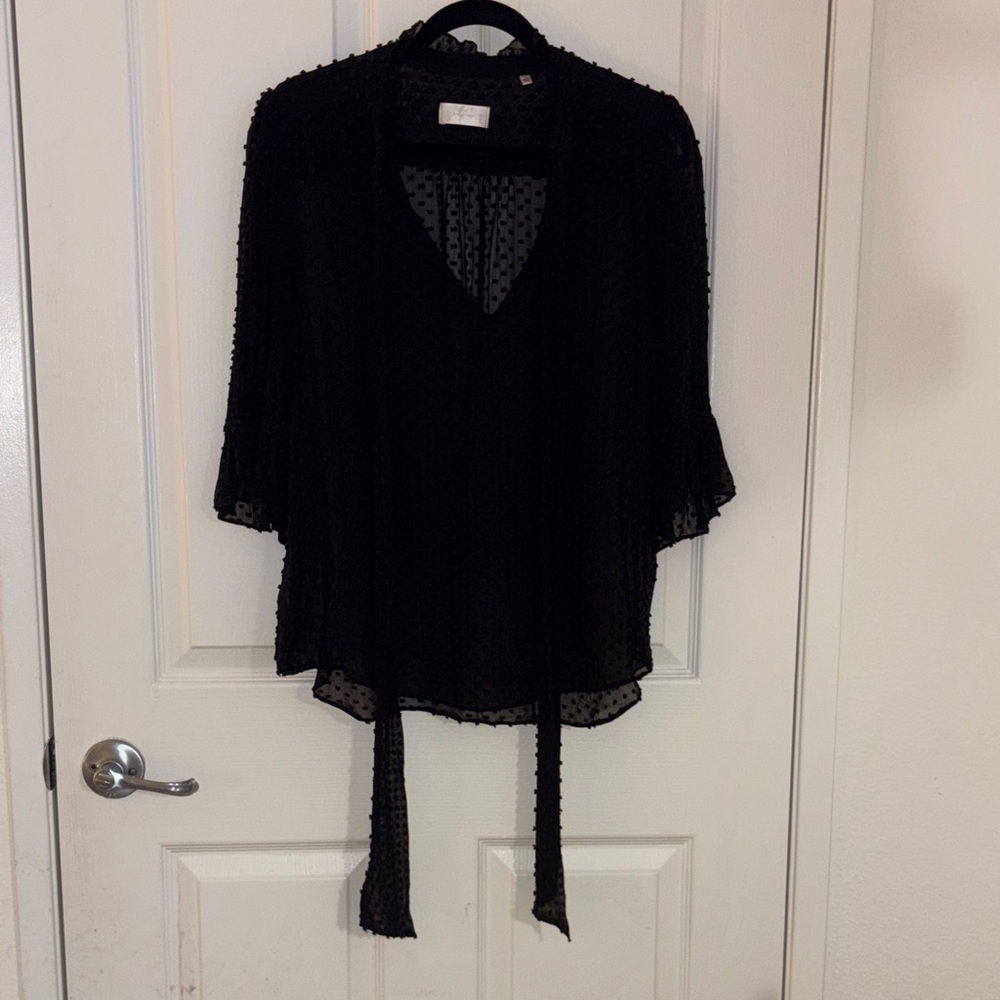 7 For All Mankind Black Sheer Dotted Tie-Neck Blouse